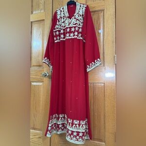 Women’s Abaya Kaftan Formal Dress Plus Size 1X in Red Gold Long Sleeves Maxi